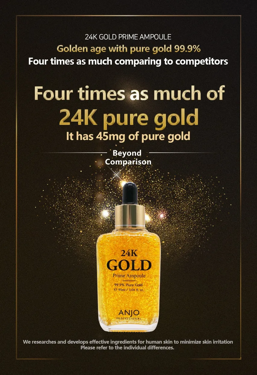 ANJO Professional 24K Gold Infused Prime Ampoule - 99.9% Pure Gold for Wrinkle Repair, 90ml