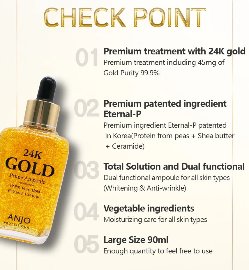 ANJO Professional 24K Gold Infused Prime Ampoule - 99.9% Pure Gold for Wrinkle Repair, 90ml