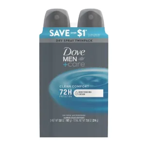 Dove Men Care Antiperspirant Deodorant Dry Spray Twin Pack, Clean Comfort, 3.8 oz