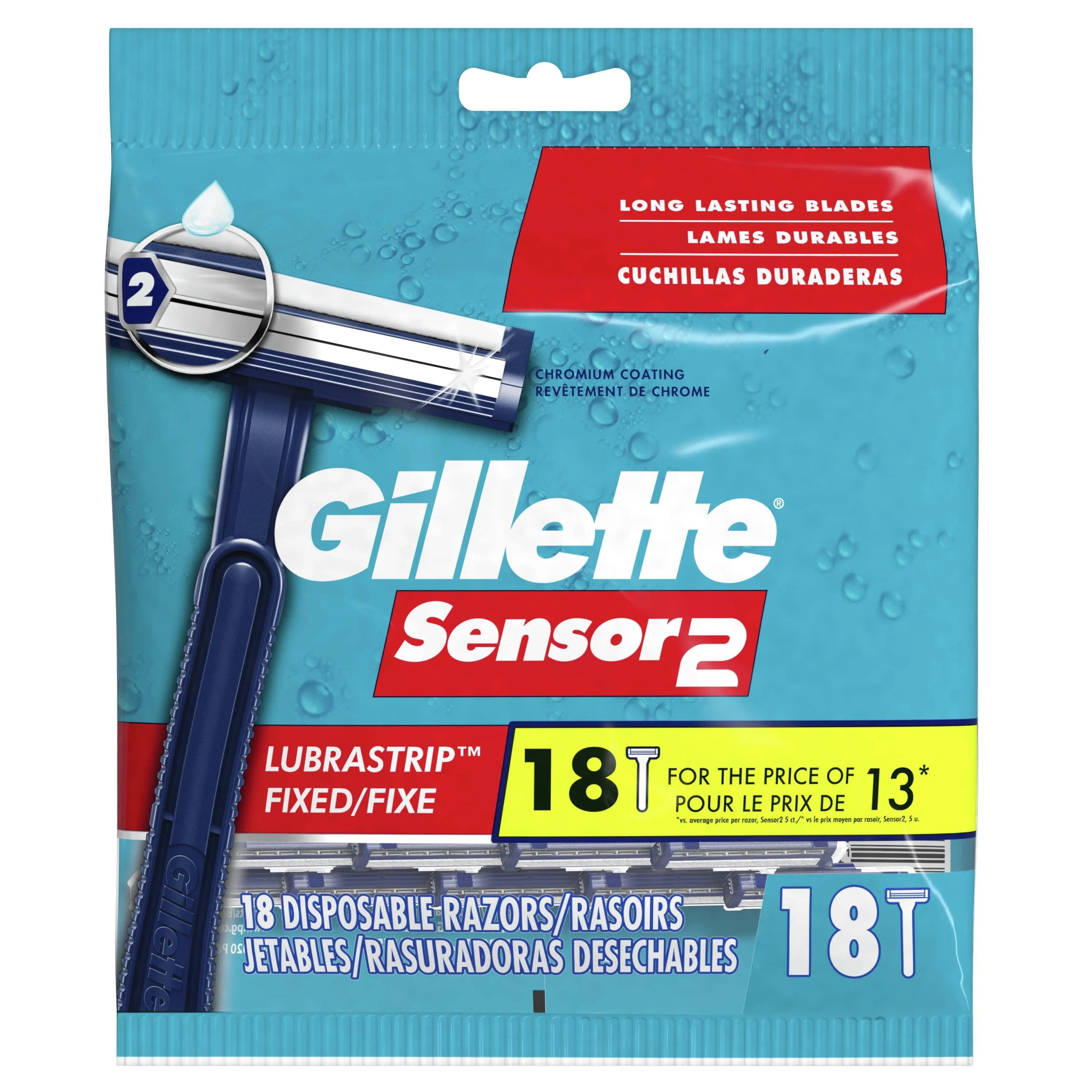 Gillette Sensor2 Fixed Head Men's Disposable Razors, Blue, 18 Count