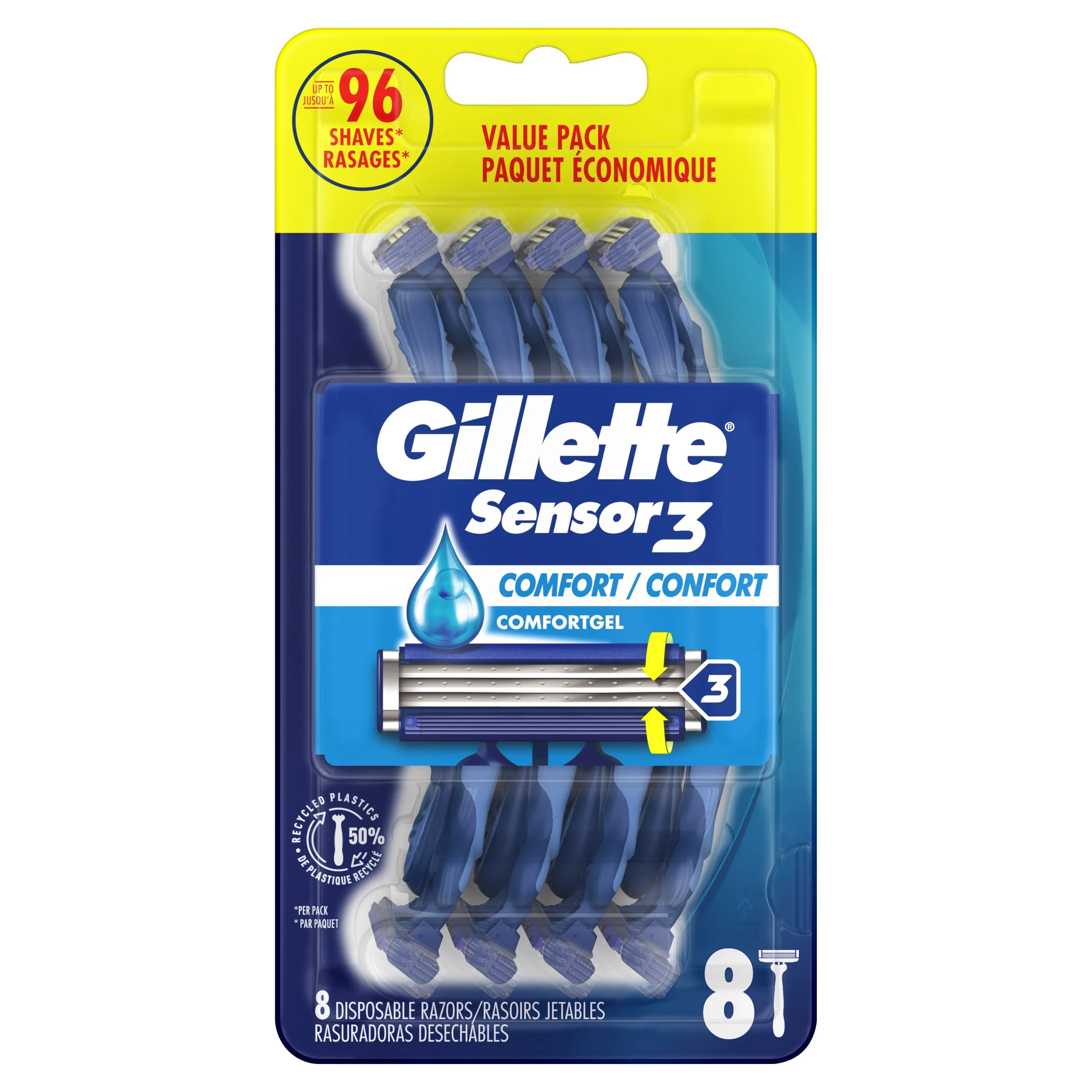 Gillette Sensor3 Men's Disposable Razor, Blue, 8 Razors