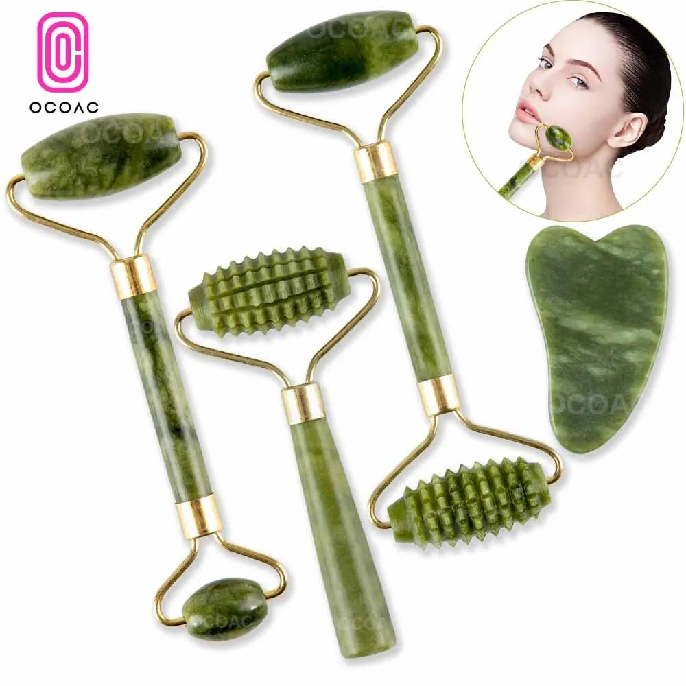 Jade Roller Natural Facial Skin Care Scraper Massager Roller Set