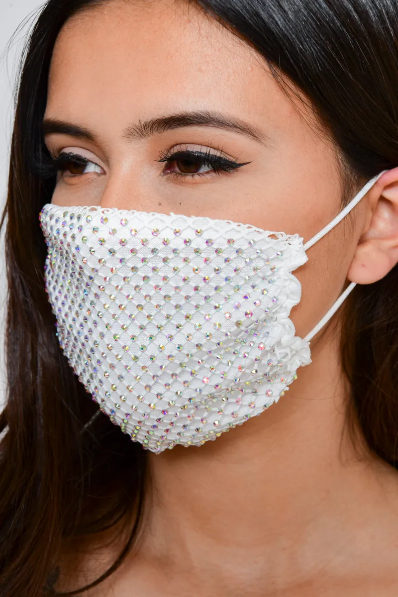 Rhinestone Mesh Face Mask - White