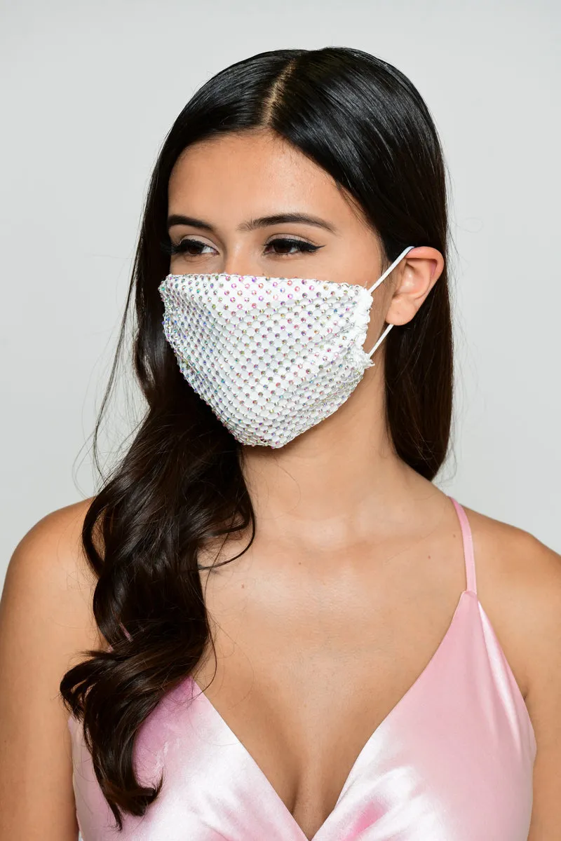 Rhinestone Mesh Face Mask - White